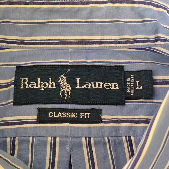 RALPH LAUREN BLUE LABEL MENS BUTTON DOWN LONG SLEEVE BLUE WHITE STRIPE LG - Picture 3 of 5